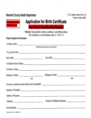 Indiana Birth Certificate Application