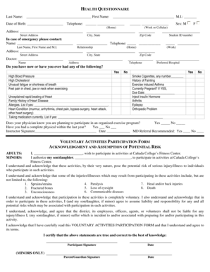 Health Questionnaire and Fitness Center Participation Form