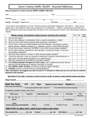 Sutter County Public Health Seasonal Influenza Screening Form