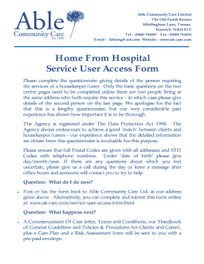 Home From Hospital Service User Access Form