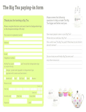 Big Tea Paying-In Form