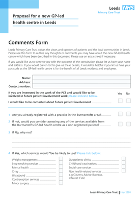 Leeds GP-Led Health Centre Comments Form