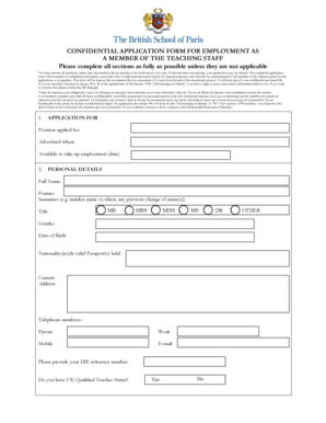 Formulaire de candidature confidentiel pour un poste d'enseignant