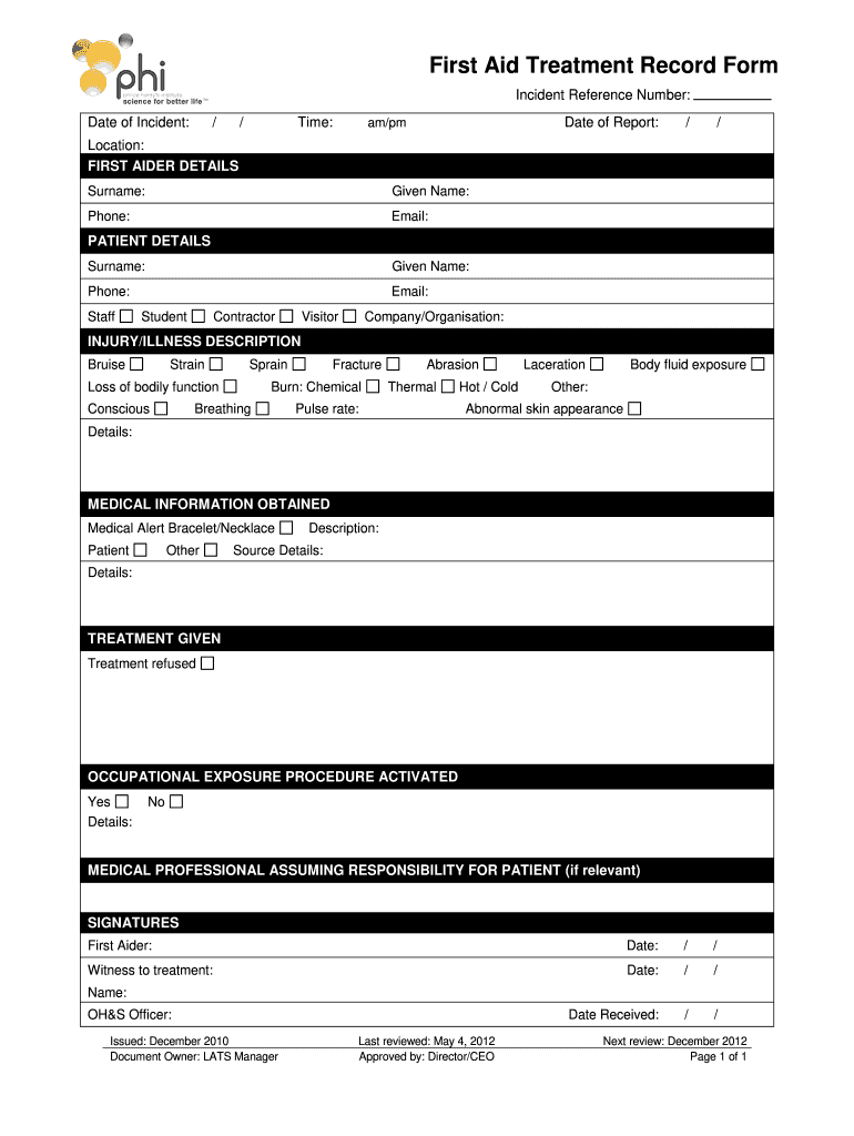 First Aid Treatment Form - Fill Online, Printable, Fillable, Blank With Regard To First Aid Incident Report Form Template