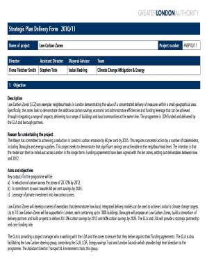 Strategic Plan Delivery Form 2010/11 Name of project Low Carbon Zones Project number Director Assistant Director Mayoral Adviser Team Fiona Fletcher-Smith Stephen Tate Isabel Dedring Climate Change Mitigation &amp