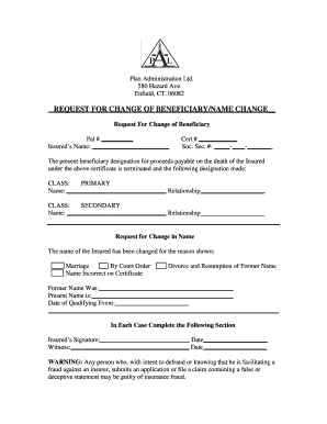Request for Change of Beneficiary/Name Change