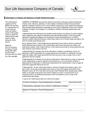 Sun Life Authorization for Release and Disclosure of Health Information