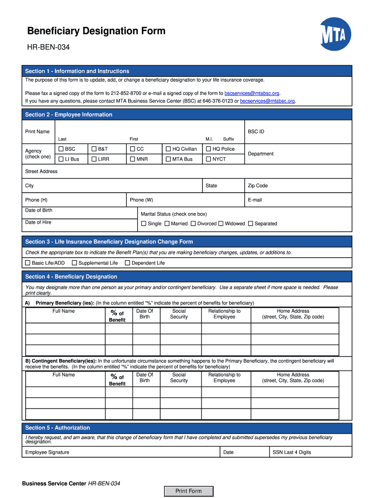 form ben designation form Preview on Page 1