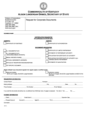 Kentucky Business Filings Request for Corporate Documents