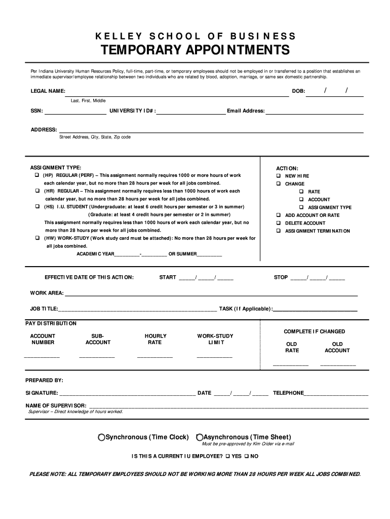 Fillable Online kelley iu TEMPORARY APPOINTMENTS Indiana University