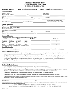 American Regent IV Iron Patient Assistance Program Enrollment Application