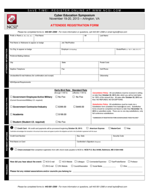 Tri fold brochure templates - COM Cyber Education Symposium November 19-20, 2013 Arlington, VA ATTENDEE REGISTRATION FORM Please fax completed forms to: 443-561-2369 - For more information or questions, call 443-561-2368 or email taylor ncsi