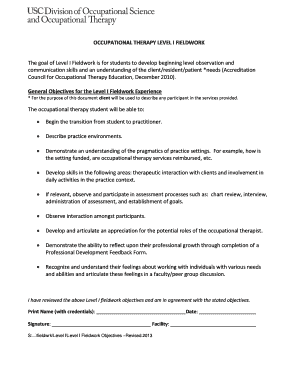 Occupational Therapy Level I Fieldwork Objectives