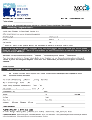 Michigan Tobacco Quitline Patient Referral Form