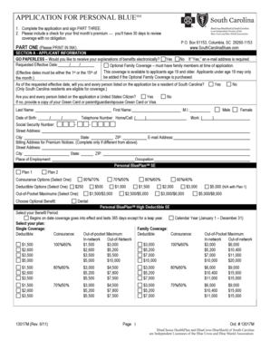 South Carolina Personal Blue Health Insurance Application