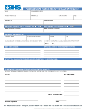 Psychological Testing Preauthorization Request