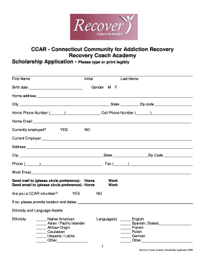 Fillable Online CCAR Recovery Coach Academy Scholarship Application Fax  Email Print - pdfFiller