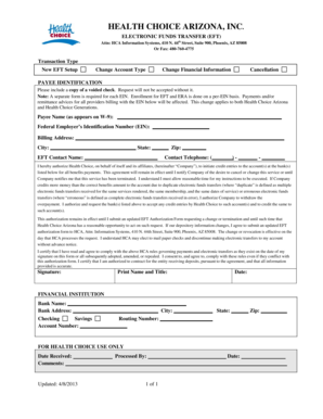 Health Choice Arizona EFT Authorization Form