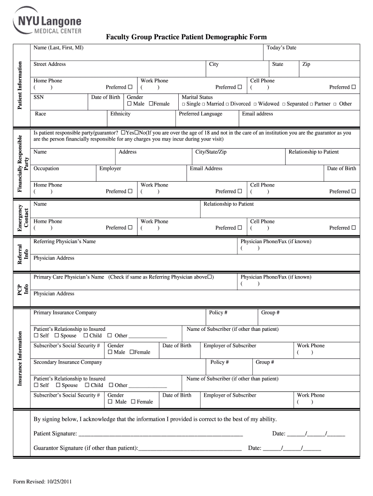 free printable patient demographic form Preview on Page 1.