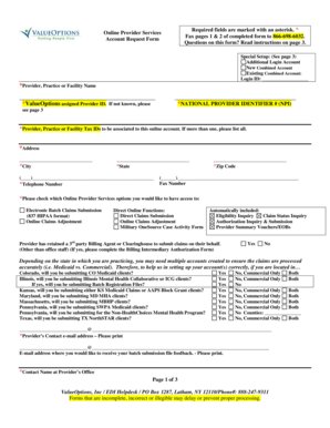 ValueOptions Online Provider Services Account Request Form