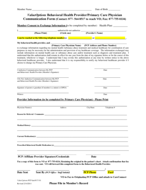 ValueOptions Behavioral Health Communication Form