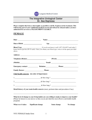 NYU Female Intake Form
