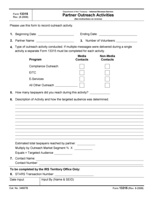 IRS Form 13315 Partner Outreach Activities