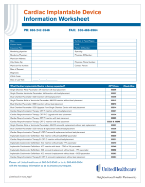 Cardiac Implantable Device Information Worksheet