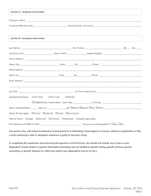Ohio Uniform Small Group Employee Application