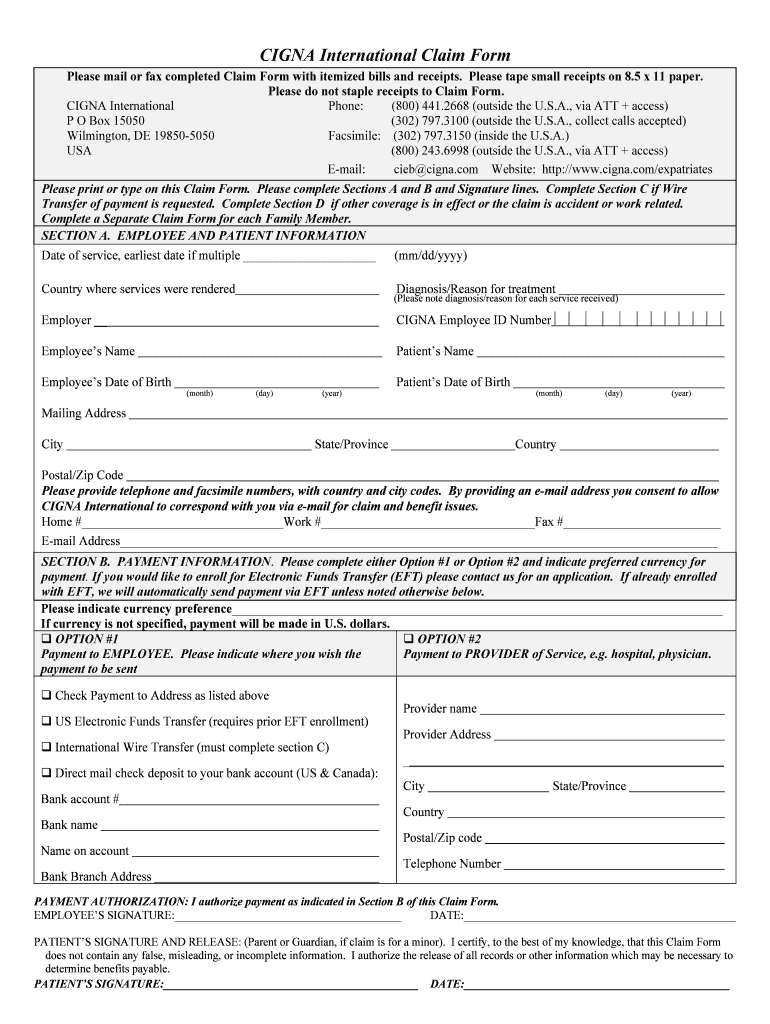 Fillable Online CIGNA International Claim Form - Wellbeing Medical