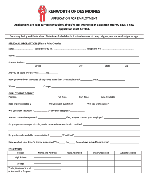 Kenworth of Des Moines Employment Application