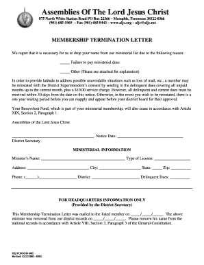 Termination letter format - Membership termination letter - Assemblies of the Lord Jesus Christ - aljc