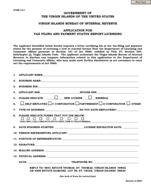 Virgin Islands Tax Filing and Payment Status Report-Licensing