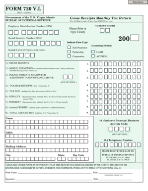 Form 720 V.I. Gross Receipts Monthly Tax Return
