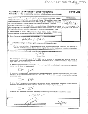 C O N F L I C T O F I N T E R E S T QUESTIONNAIRE FORM CIQ For vendor or other person doing business with local governmental entity This questionnaire reflects changes made to the law by H - leanderisd