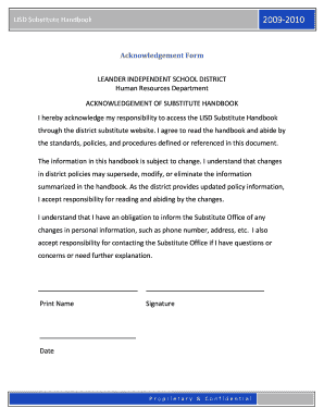 LISD Substitute Handbook Acknowledgement Form
