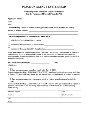 Unaccompanied Homeless Youth Verification Letter