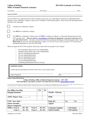 College of DuPage 2013-2014 Academic Level Form