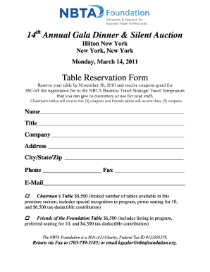 silent auction table reservaton form