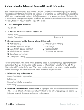 Authorization for Release of Personal & Health Information