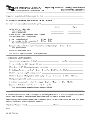 Skydiving and Mountain Climbing Life Insurance Application Supplement