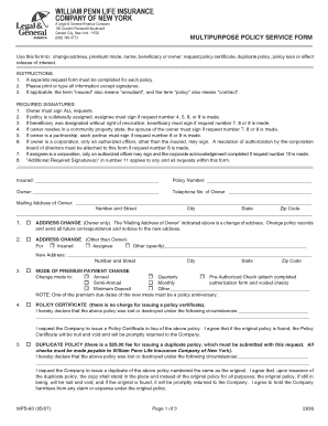 William Penn Life Insurance Policy Service Form