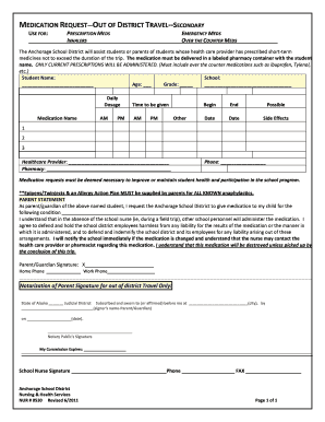Medication Request Form for Out of District Travel