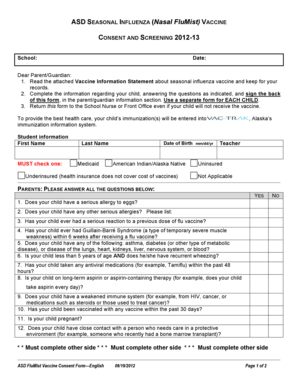 ASD Seasonal Influenza Vaccine Consent Form