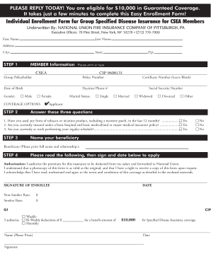 CSEA Member Specified Disease Insurance Enrollment Form
