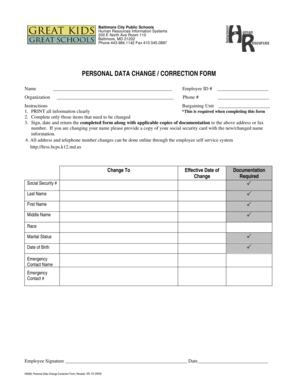 Baltimore City Public Schools Personal Data Change Form