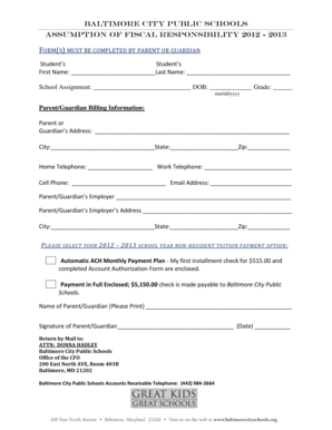 Baltimore City Public Schools Assumption of Fiscal Responsibility Form