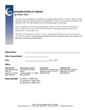 Sleep Disorders Center of Virginia Appointment Form