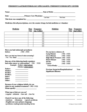 Piedmont Endoscopy Center Patient History Form