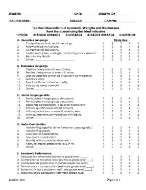 Teacher Student Evaluation Form